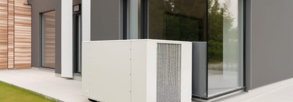 modern electric heat pump on the lawn of modern house. Generative ai